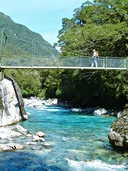 Walker crossing the Hollyford River