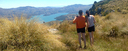 Photo stops at 700 meters altitude on the crater rim of Akaroa extinct volcano